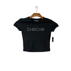 Rhinestone Logo “Bebe” Fitted Black Short Sleeve Cropped T-shirt